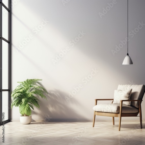 Minimalist Interior Design with Wooden Armchair and Green Plant Near Window  Ideal for Modern Home Decor photo