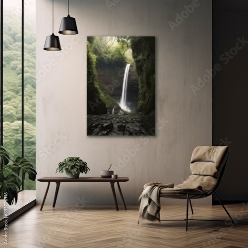 Nature Inspired Minimalist Interior with Waterfall Art Print for Modern Home Design photo