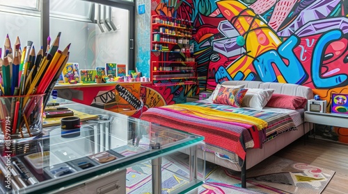 Wallpaper Mural A vibrant and creative multifunctional bedroom and workspace with a colorful mural Torontodigital.ca