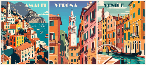 Set of Italy Travel Destination Posters in retro style. Venice, Verona, Amalfi digital prints. European summer vacation, holidays concept. Vintage vector colorful illustrations.