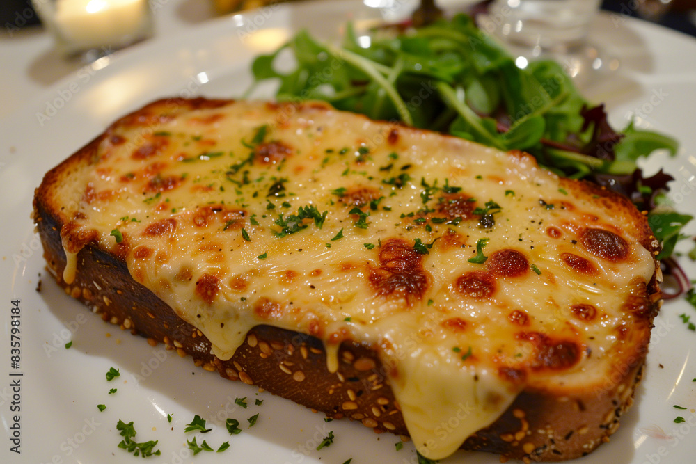 Welsh Rarebit with melted cheese sauce, served on toast in a charming kitchen. Welsh Rarebit with melted cheese sauce, served on toast in a charming kitchen.