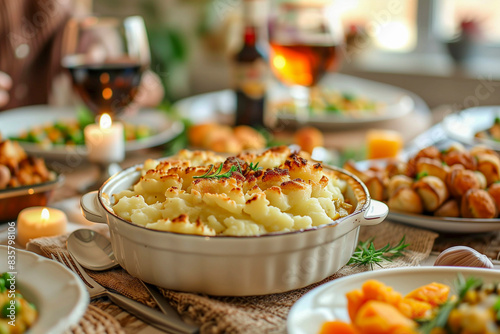 Cottage Pie with a golden mashed potato topping, on a family dinner table.