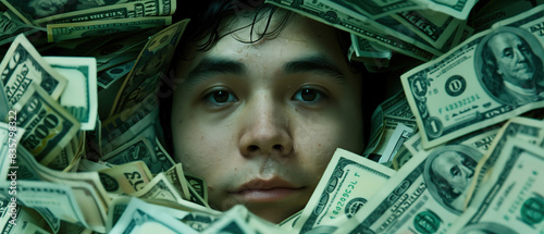 A drowning man in a sea of debt, an artistic perspective on modern societys financial crisis. Submerged in a sea of dollar bills, symbolizing the financial struggles of modern society