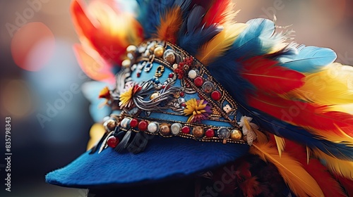 Close-up of a traditional Bavarian hat with feathers and decorative pins, worn by a festival-goer at Oktoberfest