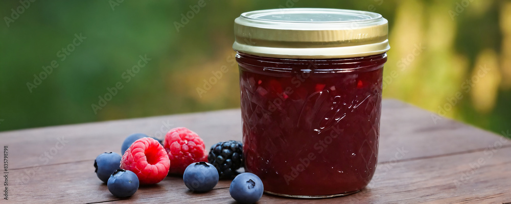 Jar of homemade berry jam on a wooden table with fresh berries
Jar of homemade berry jam on a wooden table with fresh berries