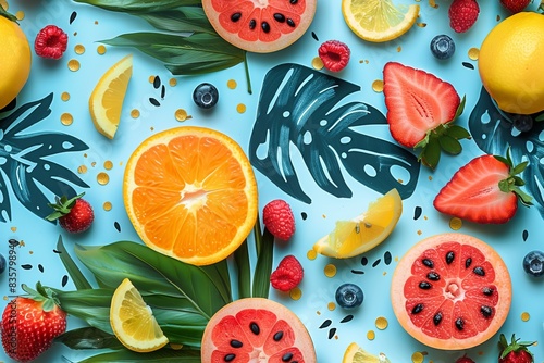 Fruits seamless pattern. Refreshing fruits for summer.