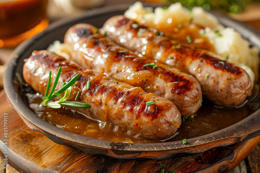 Cumberland Sausage with mashed potatoes and gravy, on a rustic dining table. Cumberland Sausage with mashed potatoes and gravy, on a rustic dining table.