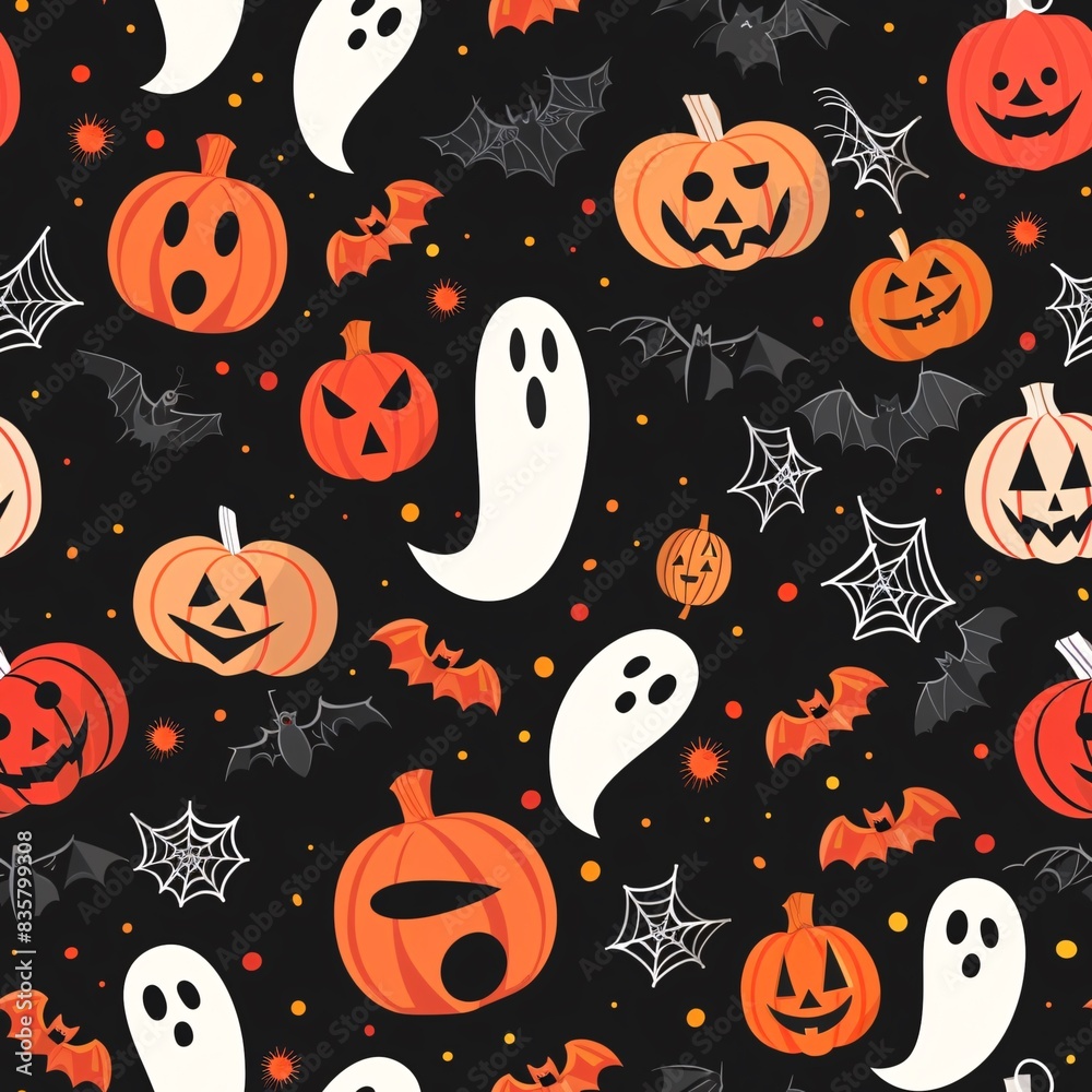 A seamless pattern featuring Halloween festival celebration elements such as pumpkins, bats, and ghosts intricately arranged in a continuous design