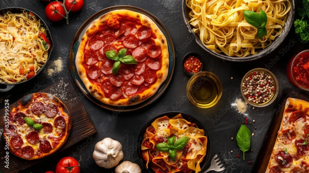 Delicious Italian Feast with Pizza, Pasta and Ingredients on Dark Table, horizontal banner Delicious Italian Feast with Pizza, Pasta and Ingredients on Dark Table, horizontal banner