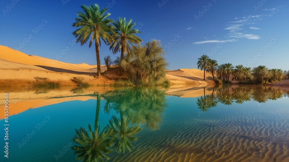 A pristine desert oasis with palm trees and clear blue water, the reflections creating a striking contrast with the surrounding sand dunes.