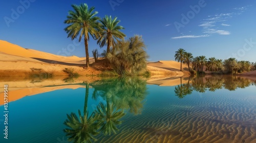 A pristine desert oasis with palm trees and clear blue water  the reflections creating a striking contrast with the surrounding sand dunes.