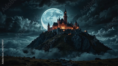 Enchanted Castle on Hilltop Illuminated by Full Moon in Mysterious Night Sky