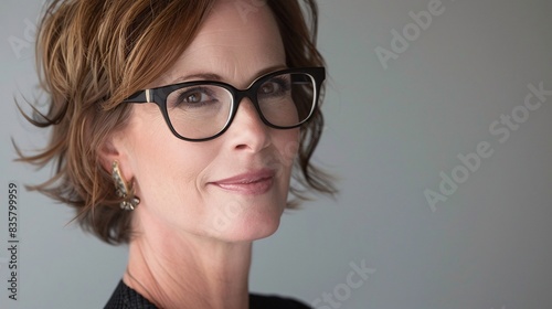 Confident Middle-Aged Woman with Glasses Looking Thoughtfully Ahead - Perfect for Professional, Lifestyle, and Inspirational