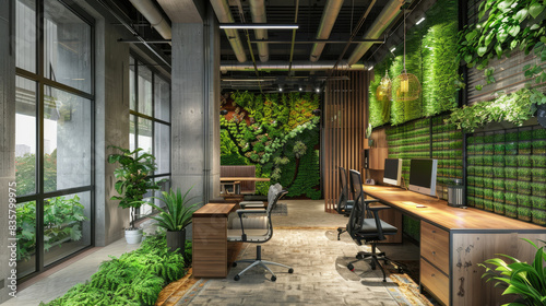 Modern office with green wall, desks and chairs