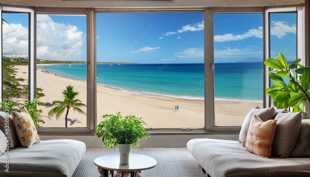 luxury living room with a view on the tropical beach with white sands and turquoise water