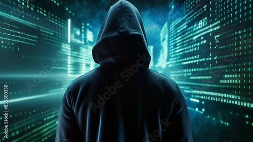 Hacker silhouette of hooded man with binary data and terms related to computer crime photo