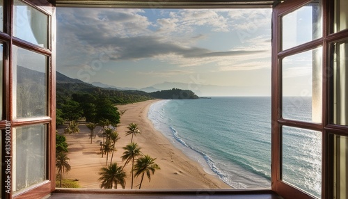 tropical beach with trees view from the window