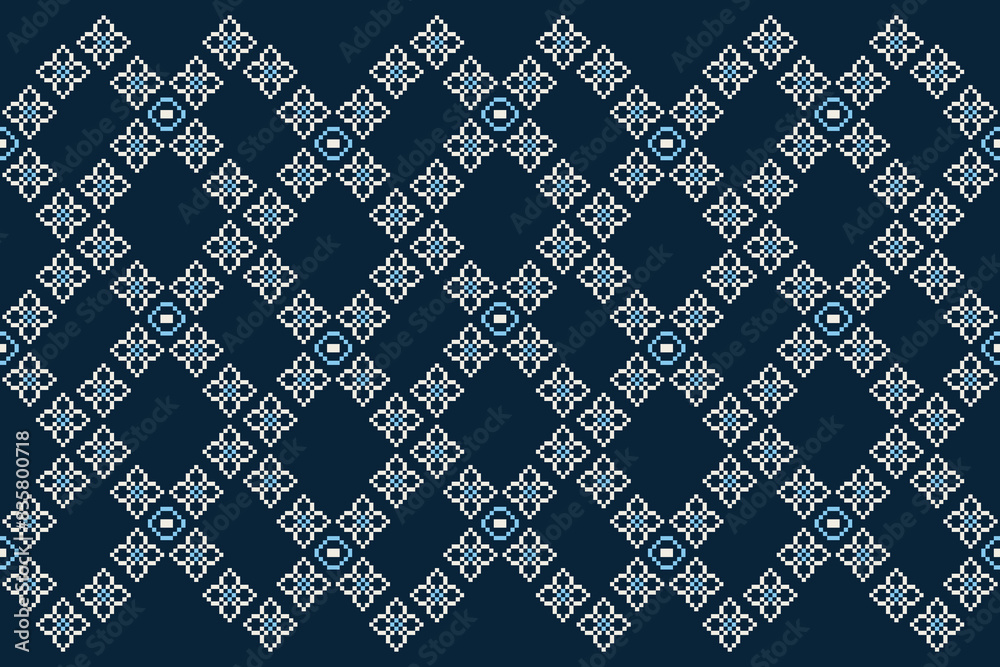 Traditional ethnic motifs ikat geometric fabric pattern cross stitch.Ikat embroidery Ethnic oriental Pixel navy blue background. Abstract,vector,illustration. Texture,decoration,wallpaper. Traditional ethnic motifs ikat geometric fabric pattern cross stitch.Ikat embroidery Ethnic oriental Pixel navy blue background. Abstract,vector,illustration. Texture,decoration,wallpaper.