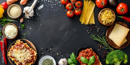 Raw ingredients and products for pasta and lasagna backdrop. Top view and flat lay of vegetables  herbs and ready lasagna meal on a black concrete stone  Generative AI