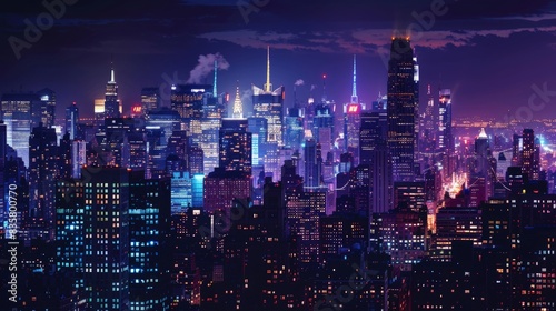 Enchanting Nighttime Cityscape  Glowing Skyline Under Starry Sky