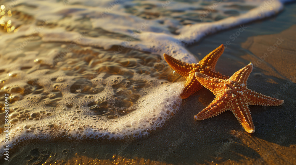 Starfish on Sandy Beach with Seashells Starfish on Sandy Beach with Seashells