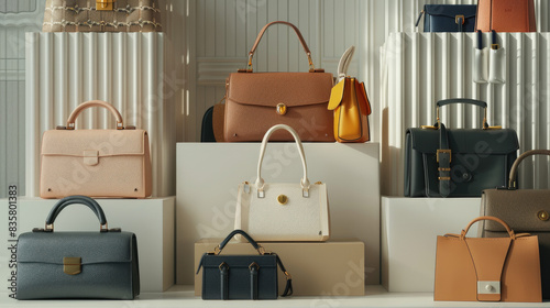 A variety of handbags displayed in a brightly lit store window