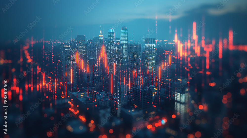 Double exposure business trading investment graph on city and money. Double exposure business trading investment graph on city and money.