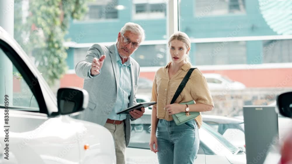Woman, salesman and tablet in car dealership for sales, negotiation or consulting in vehicle finance. Conversation, man and customer shopping in transport showroom with digital app for auto insurance Woman, salesman and tablet in car dealership for sales, negotiation or consulting in vehicle finance. Conversation, man and customer shopping in transport showroom with digital app for auto insurance