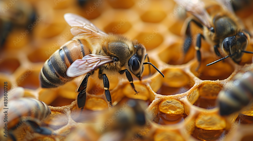 Macro View of Honeycomb and Bees in Detailed Close-Up Macro View of Honeycomb and Bees in Detailed Close-Up