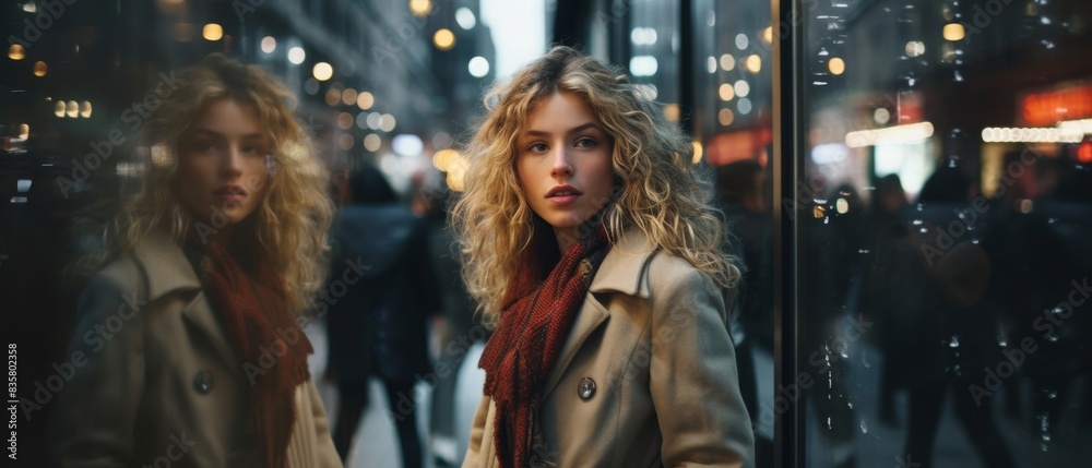 Woman with curly hair wearing a coat and scarf, reflecting in a glass wall in a busy city street illuminated with lights at dusk.