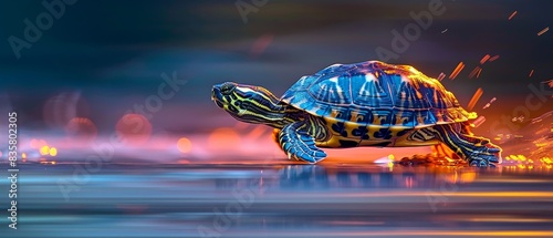 Vibrant digital art of a turtle moving swiftly through a vivid, colorful environment. Perfect for creative and futuristic themed projects. photo