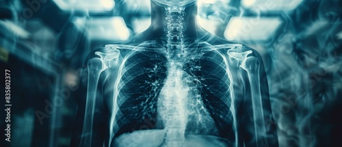 Futuristic digital image of human chest anatomy showing lungs and ribcage in a medical or scientific context using high-tech imagery.