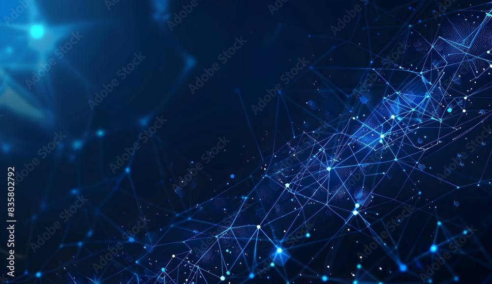 Blue background with dark blue geometric pattern and glowing dots, representing technology or digital connection Blue background with dark blue geometric pattern and glowing dots, representing technology or digital connection
