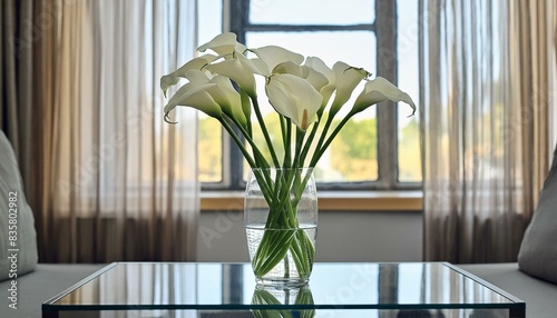 vaso di calle bianche in un vaso di vetro su tavolo di vetro in soggiorno elegante photo