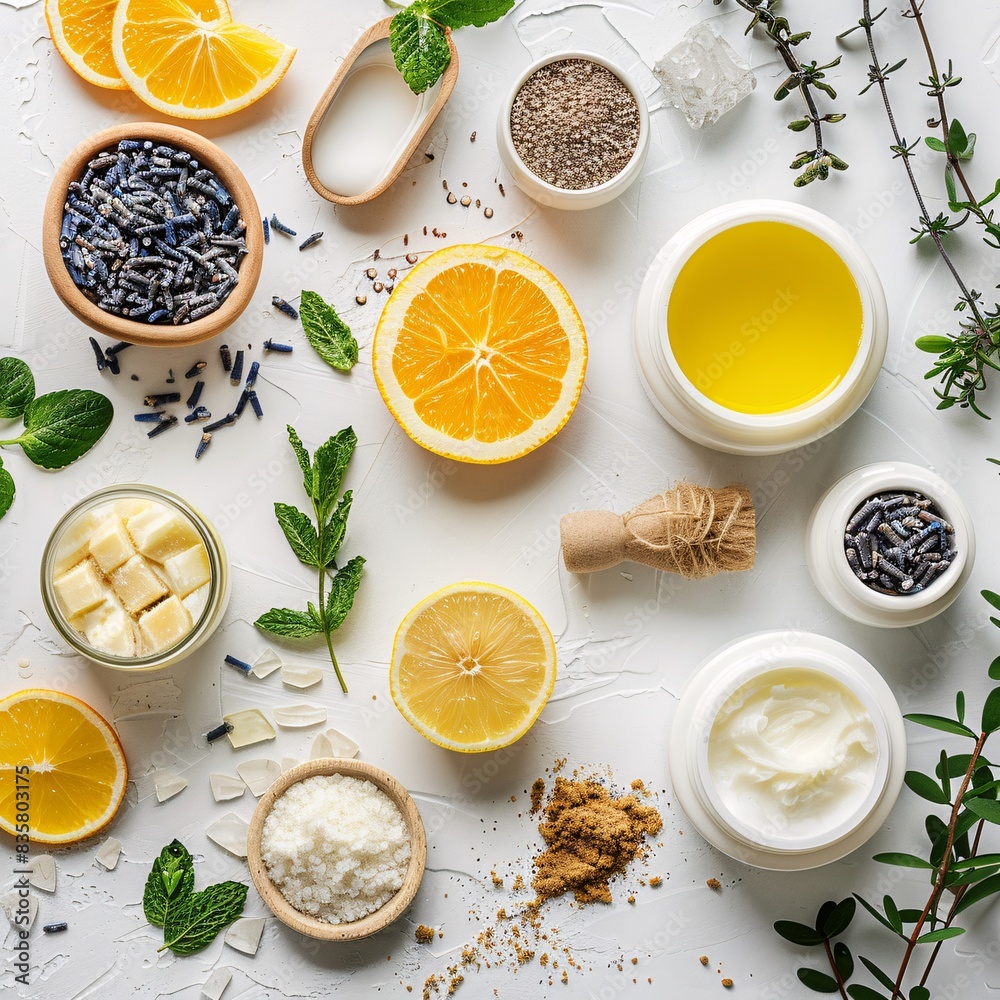 Top view of organic cosmetic products on table Top view of organic cosmetic products on table