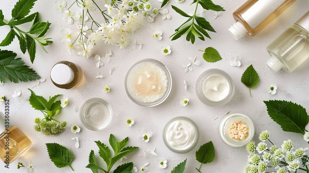 Top view of organic cosmetic products on table Top view of organic cosmetic products on table