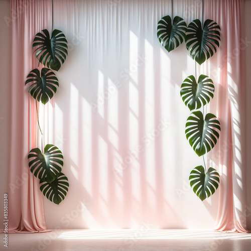 Delicate Light Pink Background for Product Presentation: Tropical Leaf Shadows and Curtain Details on Plaster Wall photo