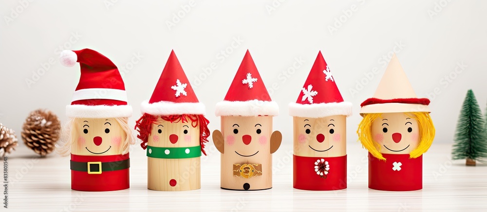 Fototapeta premium Creative idea for eco-friendly Christmas crafts involving paper toy Santa, Snowman, and Grinch for a Xmas party on a blue background with copy space image, using recycled toilet tube rolls.