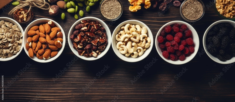 Overhead shot of a variety of healthy snacks on a table with copy space image. Overhead shot of a variety of healthy snacks on a table with copy space image.