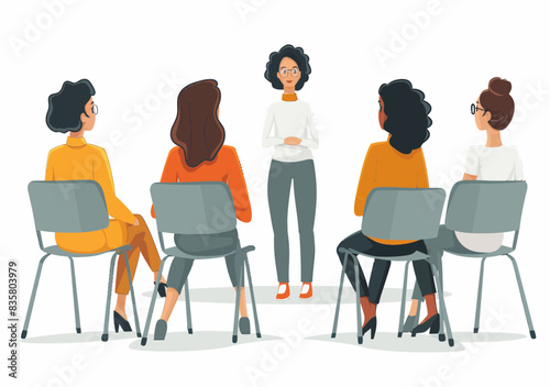 Female Teacher Giving Lecture to Team in Minimalistic Setting, Education Presentation, Vector Illustration - Daytime Professional Meeting Concept