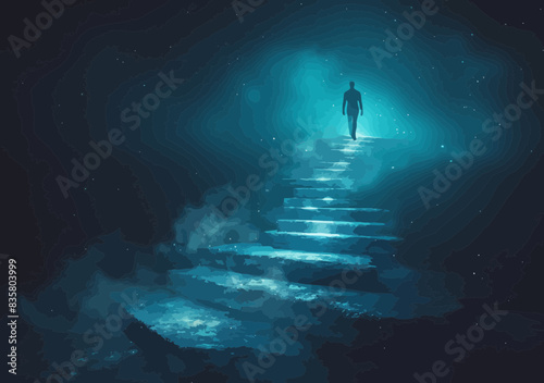 Professional Growth Concept, Silhouette Climbing Illuminated Stairs to Success, Night Sky Vector Illustration, Career and Achievement Journey