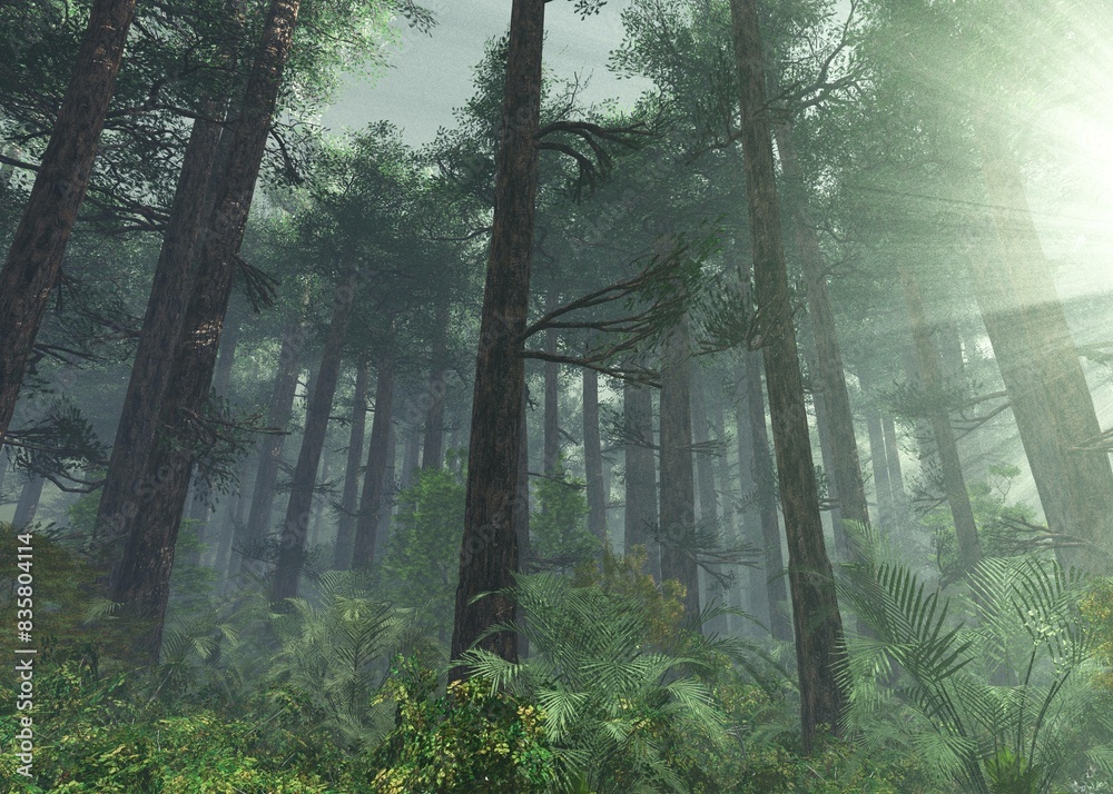 Fototapeta premium Forest in the morning in a fog in the sun, trees in a haze of light, glowing fog among the trees, 3D rendering