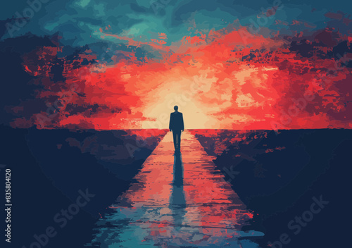 Businessman Walking Towards Sunrise Success on Abstract Path, Motivational Leadership Vector Illustration, Goal Achievement, Minimalism Art