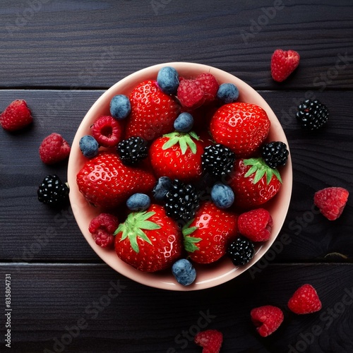 a bowl of mixed strawberries  blueberries  raspberries and blackberries on a wooden table