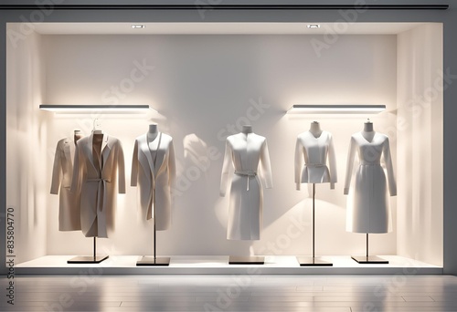 : White modern fashion clothes shop, luxury, window display, store front, interior design, decoration, product background, 3D rendering.