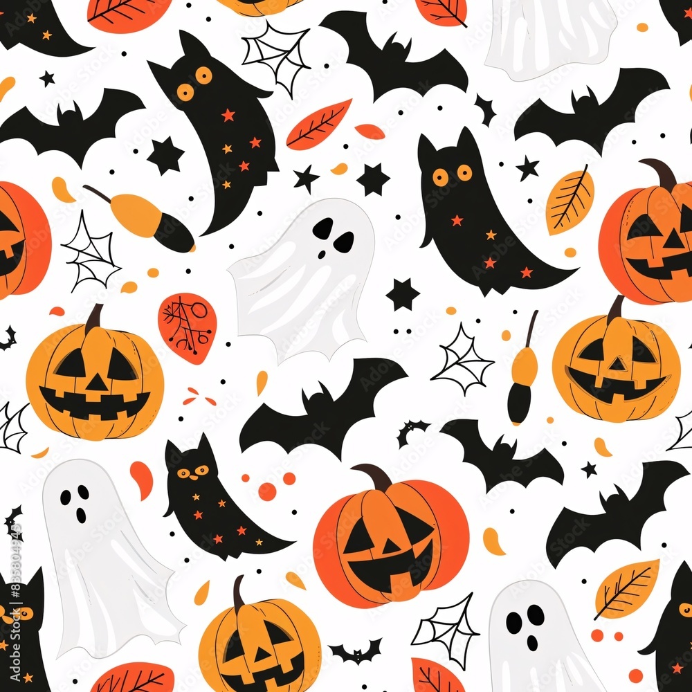 A seamless pattern featuring Halloween festival elements such as pumpkins, bats, and ghosts arranged in a continuous design A seamless pattern featuring Halloween festival elements such as pumpkins, bats, and ghosts arranged in a continuous design