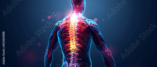 Glowing blue and pink spine and nervous system on dark background photo