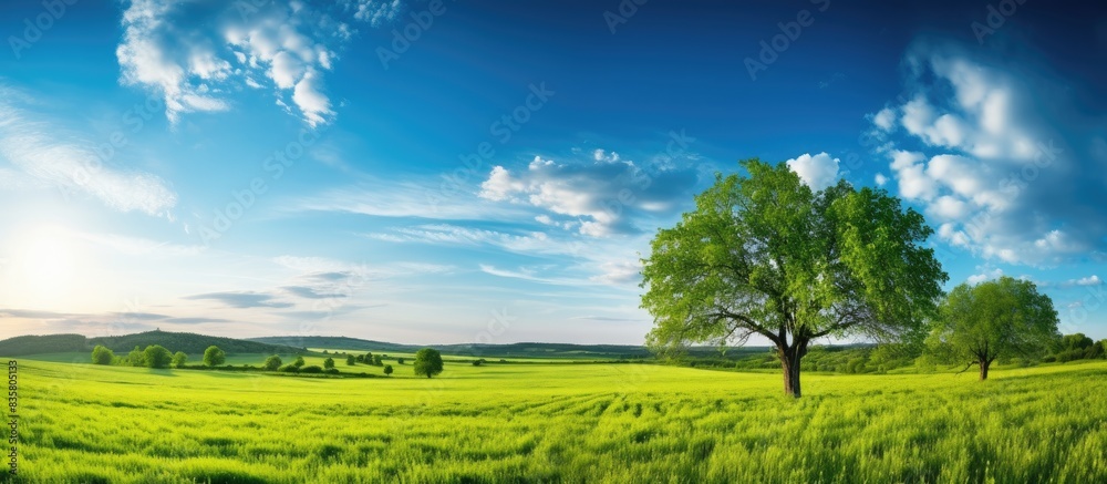 Obraz premium Scenic landscape with a tree on green grass, against a backdrop of blue skies, mountains, and the warm hues of a sunrise or sunset with copy space image.