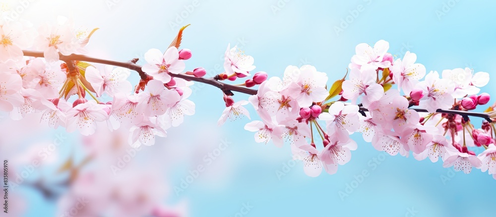 Spring nature featuring pink blooming cherry blossoms against a backdrop of a blue sky with white clouds, creating a dreamy, romantic, artistic copy space image in banner format. Spring nature featuring pink blooming cherry blossoms against a backdrop of a blue sky with white clouds, creating a dreamy, romantic, artistic copy space image in banner format.