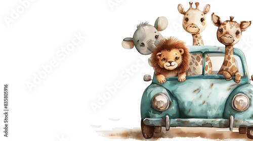 A watercolor painting featuring adorable baby animals riding in the back of a vintage car, set against a white backdrop.